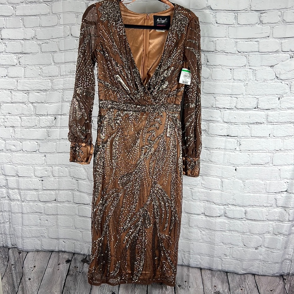 Mac Duggal Bronze Beaded Midi Dress - Picture 2 of 14